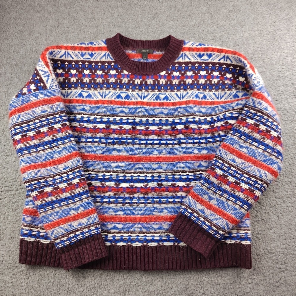 J.Crew Sweater Lambs Wool Crew Neck Fair Isle Red Blue White Size Large Womens